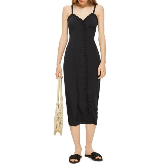 Black Ruffle Button Down Midi Slipdress by Topshop - Picture 1 of 4